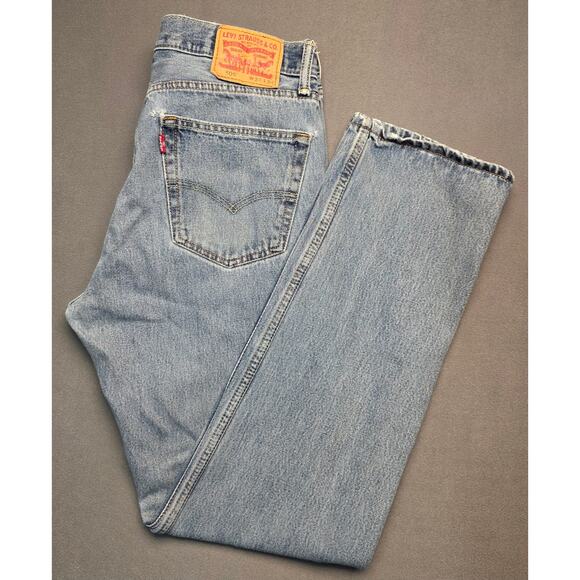 Levis Mens 505 Jeans Sz 33x33 Blue Denim Straight Medium Wash Work Distressed - Picture 1 of 9